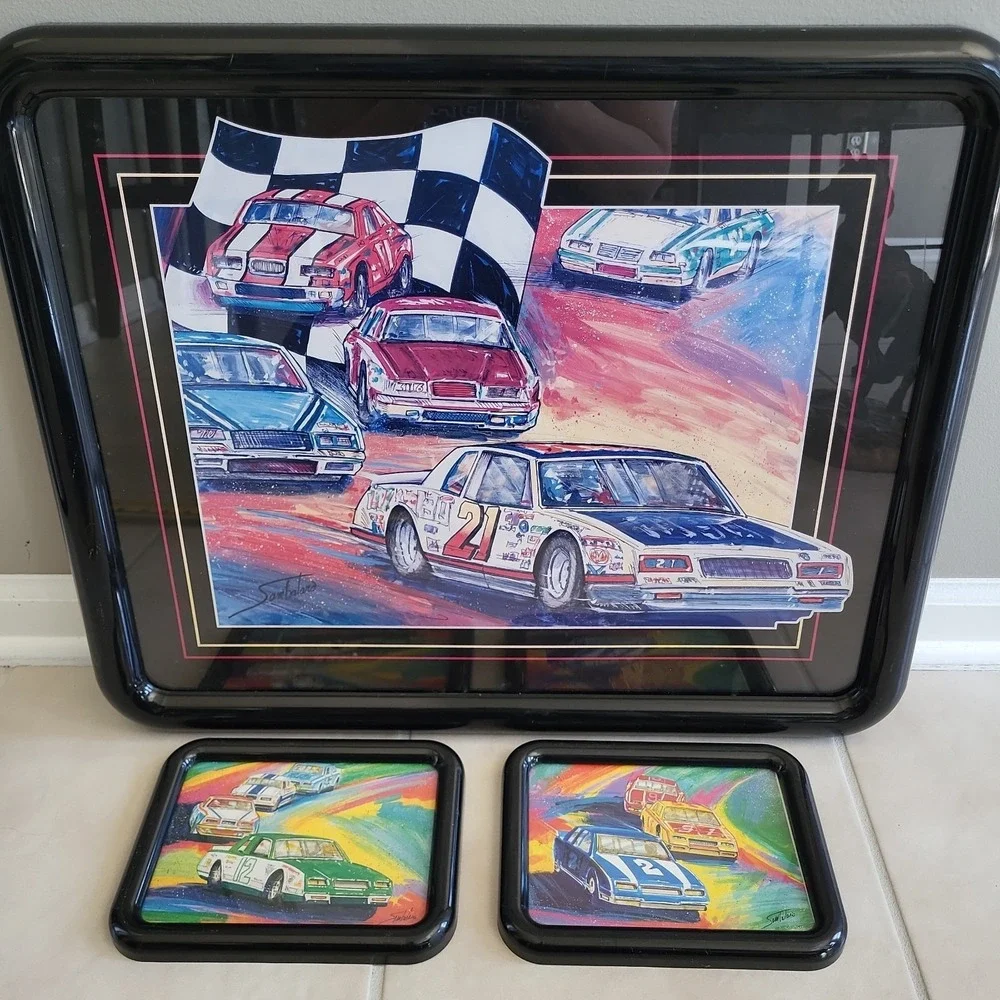 Vintage Home Interiors NASCAR Colorful 1980's Racing Car Wall Art Set Stock Cars